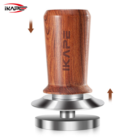 IKAPE Spring-loaded Calibrated Coffee Tamper (Wooden Handle, Silver Base)