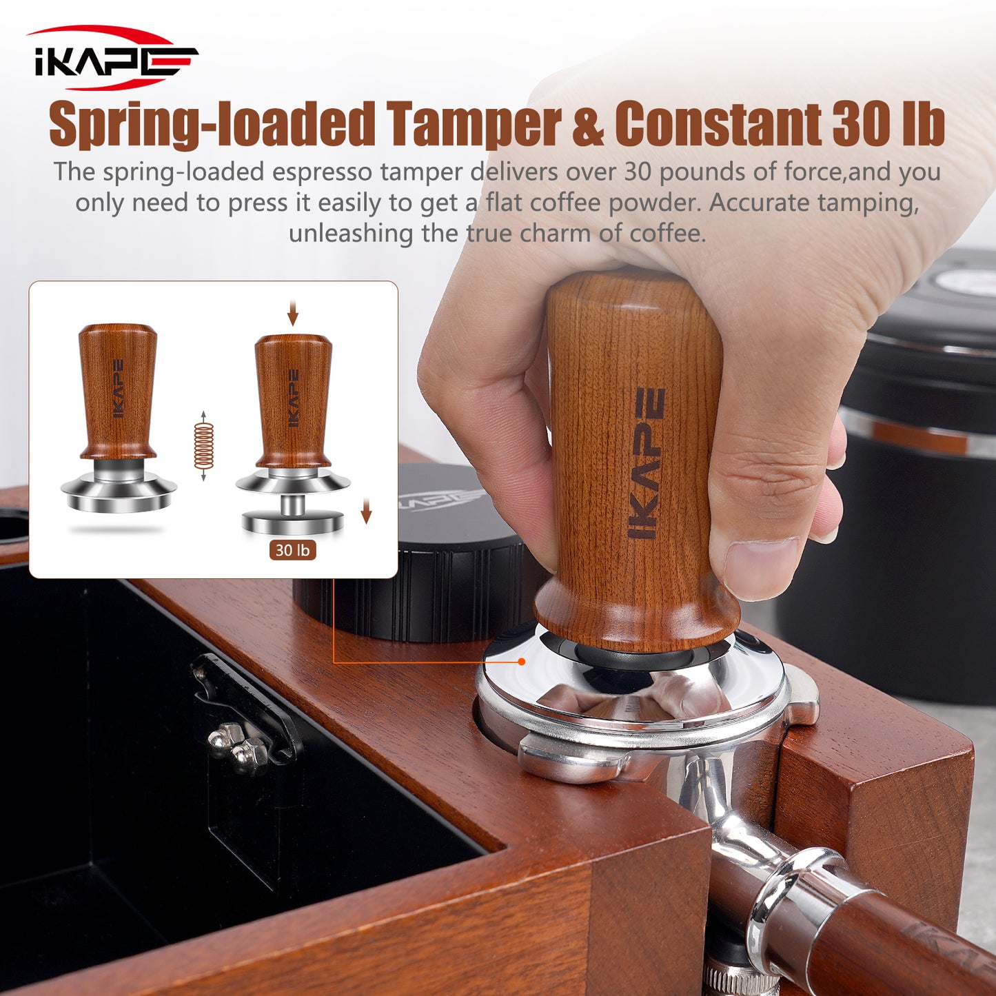 IKAPE Spring-loaded Calibrated Coffee Tamper (Wooden Handle, Silver Base)