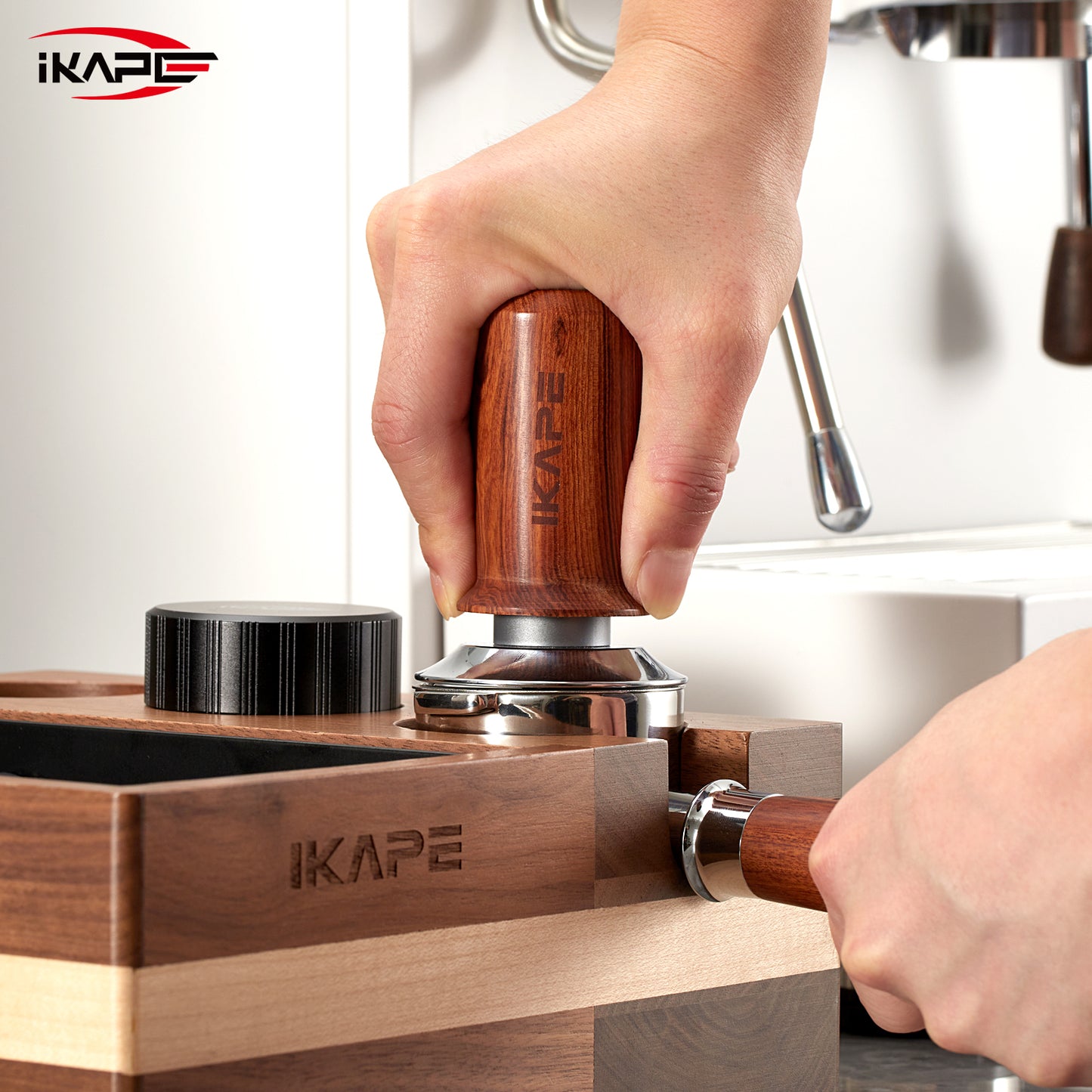 IKAPE Spring-loaded Calibrated Coffee Tamper (Wooden Handle, Silver Base)